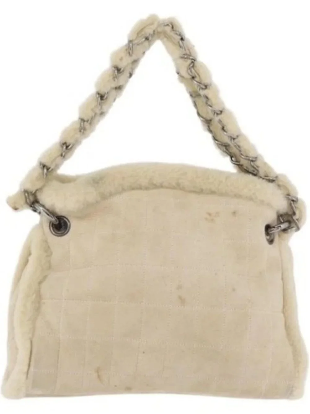 CHANEL Choco Bar Chain Tote Bag Mouton Ivory Silver CC Auth 176557